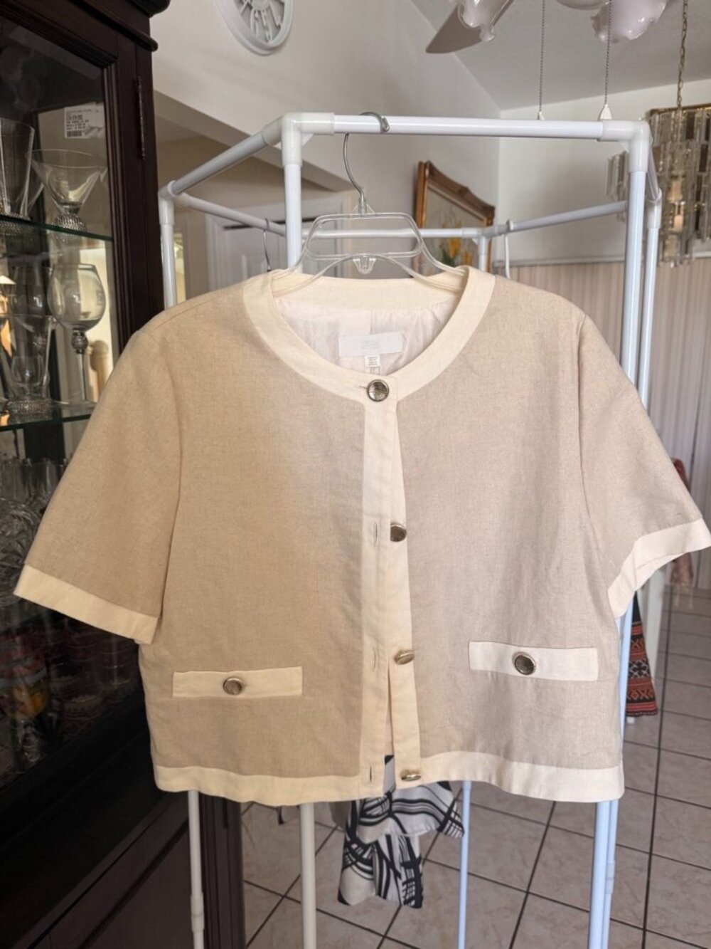 ZARA Linen Blend Contrast Trim Short Sleeve Jacket XL Quiet Luxury